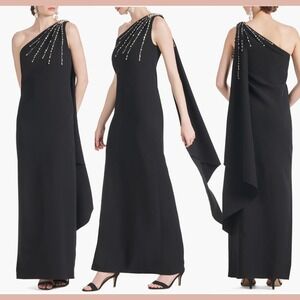 NWT SACHIN & BABI [ 2 ] Leslie Beaded Drape One-Shoulder Crepe Gown Black #J1438